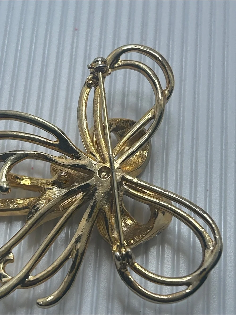 Gold and Silver Ribbon Bow Brooch with Crystals